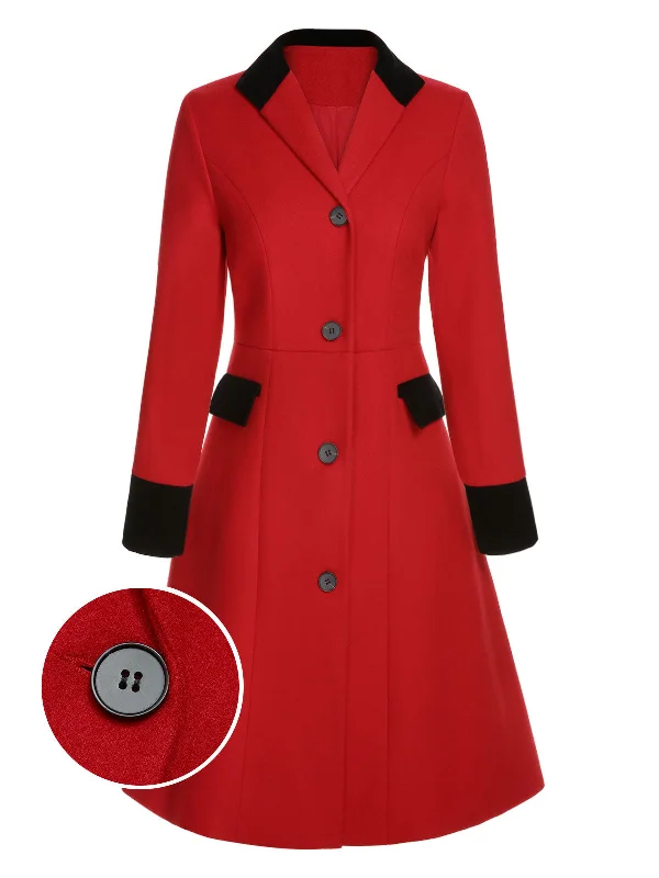 Red & Black 1950s Lapel Button Pocket Coat Cuffed Rolled Raglan