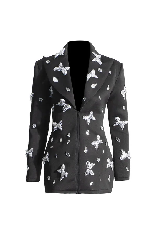 Sparkly Crystal Peak Lapel Zip Up Cinch Waist Butterfly Sequin Party Blazer Women's Trendy Jacket Sparkly Crystal Peak Lapel Zip Up Cinch Waist Butterfly Sequin Party Blazer Women's Trendy Jacket