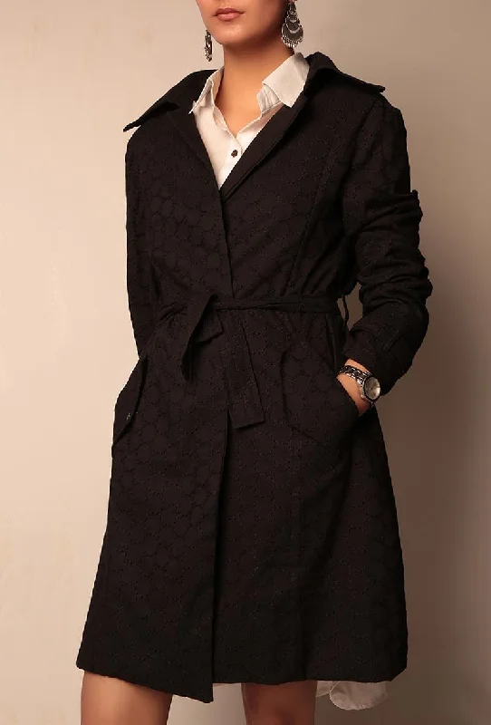 Black Shifley Trench Coat With Metallic Embellishments And Belt Kimono Robe Cloak