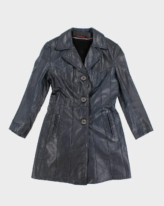 Vintage Navy Leather Fleece Lined Coat - S Turtleneck Jacket Crew Neck Jacket V-Neck Jacket