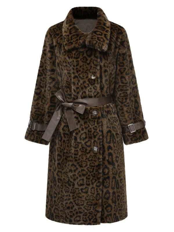 Brown 1950s Leopard Lapel Faux Fur Coat Trench Wool Cashmere