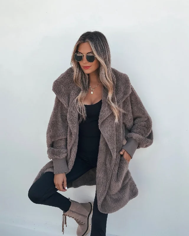 Teddy Fleece Hooded Cardigan - Brown Solid Print Embellished