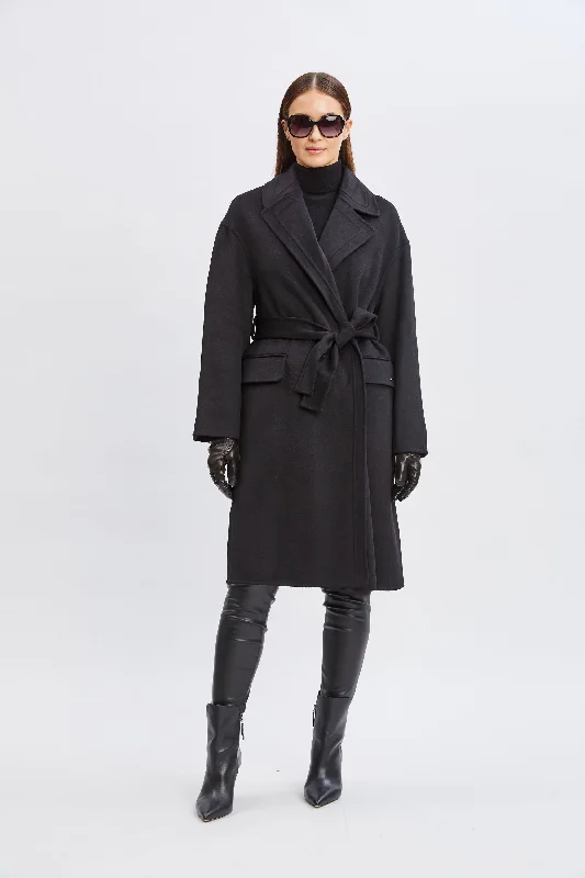 Tahari Long Double Face Wool Blend Stitched Wrap Coat Stand-Up Roll-Neck Turtle