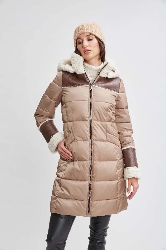 Tahari Shearling Trim Puffer Coat Satin Silk Chiffon