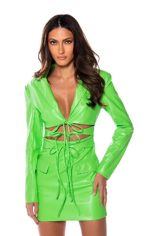 WAVE CUT OUT DETAIL FAUX LEATHER BLAZER DRESS Women's Luxurious Jacket