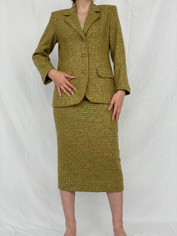 Vintage Handmade Checkered Yellow & Green Wool Blend Blazer Skirt Set - M Women's Premium Blazer