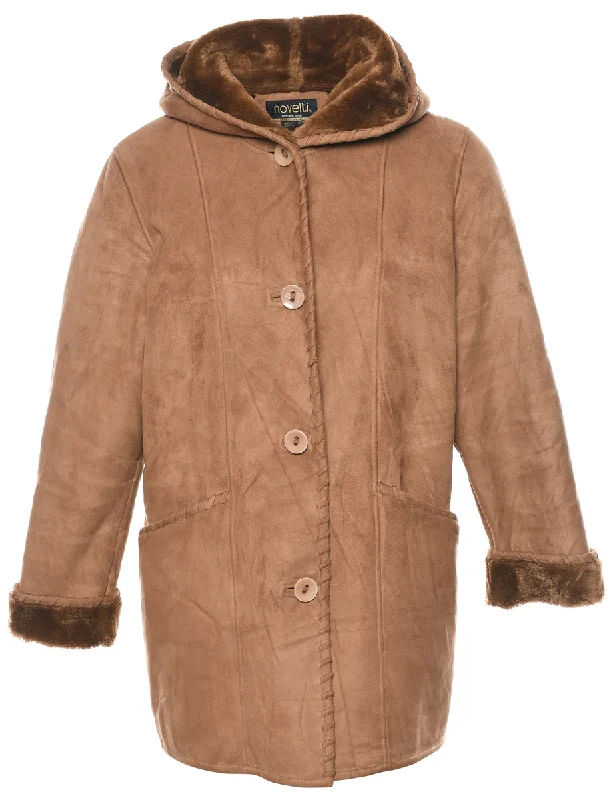 Hooded Brown Coat - M Asymmetrical Collar Hooded Zippered