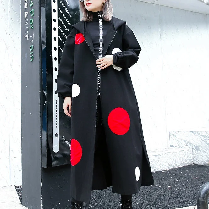 fine black dotted long coat plus size hooded maxi coat women side open baggy coats Asymmetrical Collar Hooded Zippered fine black dotted long coat plus size hooded maxi coat women side open baggy coats Asymmetrical Collar Hooded Zippered