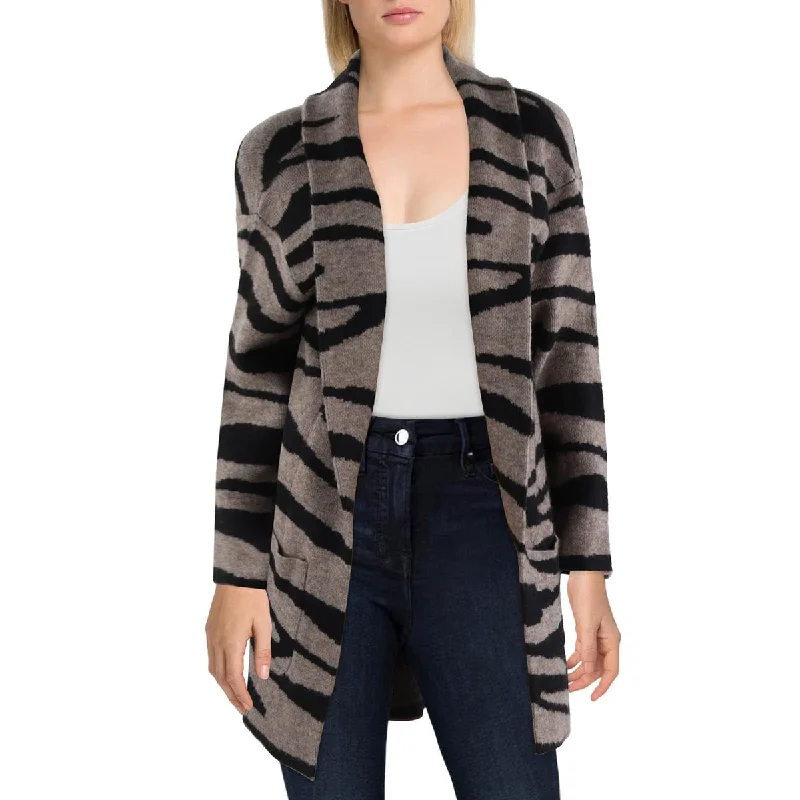 Stella + Lorenzo Womens Animal Print Open Front Cardigan Sweater Glossy Satin Silk
