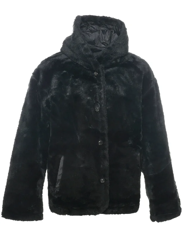 Hooded Faux Fur Coat - L Welt Pockets Slit Pockets Flap Pockets