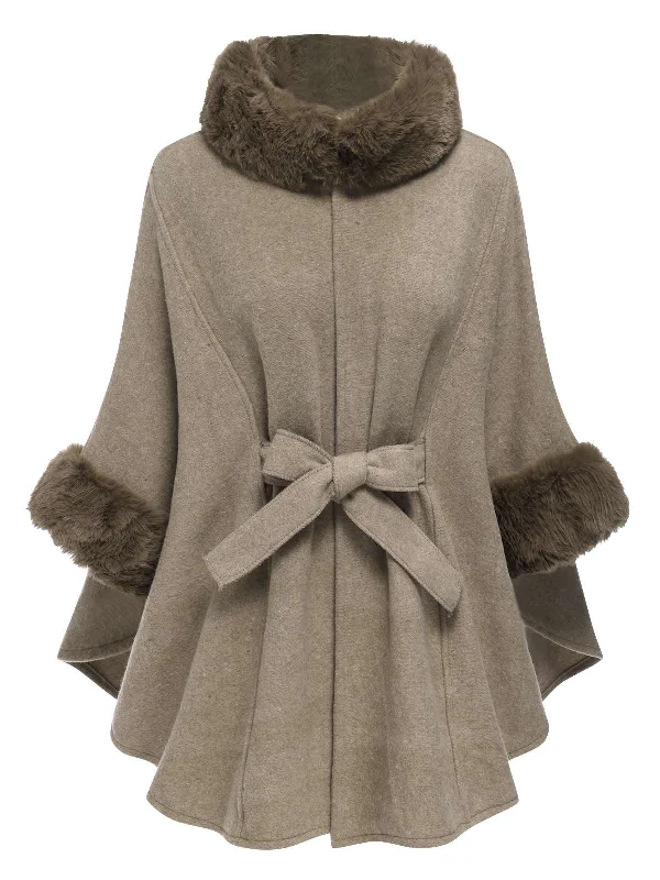Coffee 1940s Faux Fur Collar Batwing Coat Tweed Herringbone Houndstooth