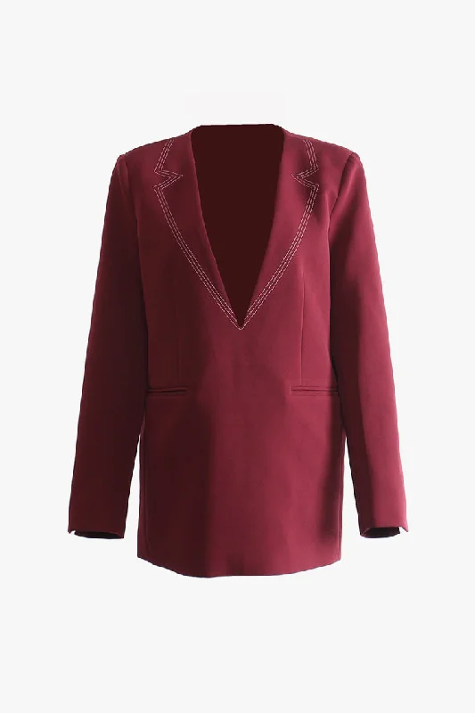 Edgy Seamed Collarless Deep V Neck Padded Shoulder Long Sleeve Blazer Women's Custom Jacket Edgy Seamed Collarless Deep V Neck Padded Shoulder Long Sleeve Blazer Women's Custom Jacket
