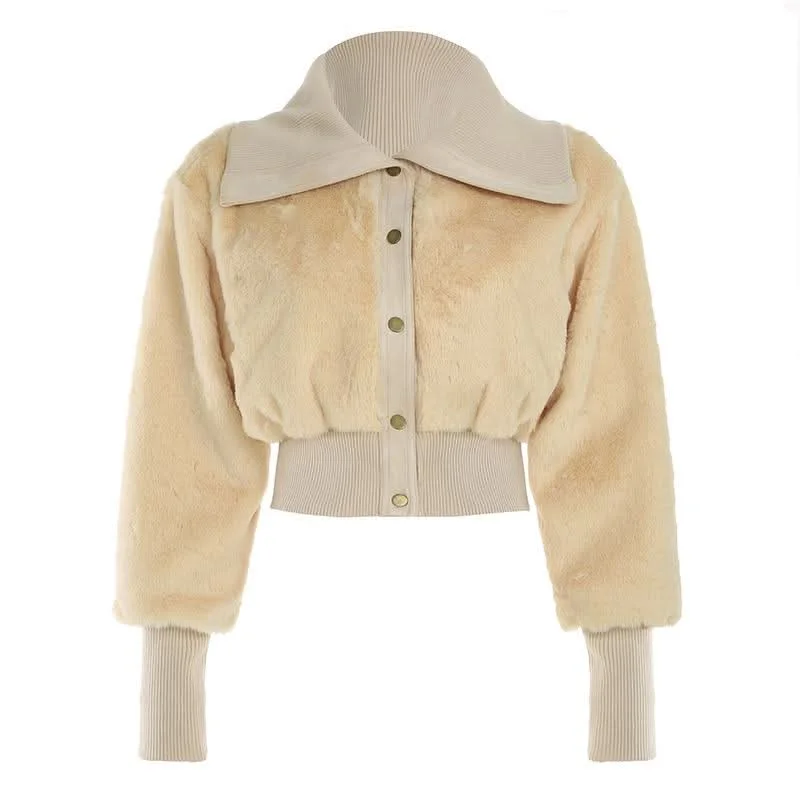 Turnover collar long sleeve button fluffy coat top Denim Leather Suede