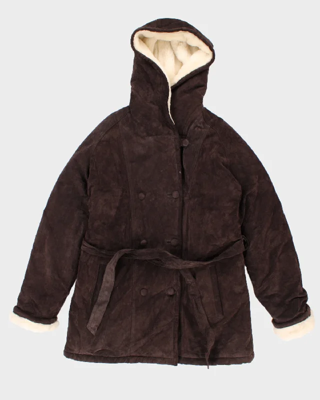 Vintage Mr Tony's Hooded Fleece Lined Brown Suede Coat - L Tie-Waist Belted Drawstring Vintage Mr Tony's Hooded Fleece Lined Brown Suede Coat - L Tie-Waist Belted Drawstring