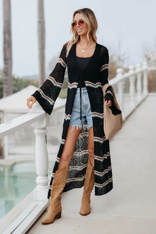 Black Multi Stripe Crochet Duster Cardigan Bright Pastel Dark
