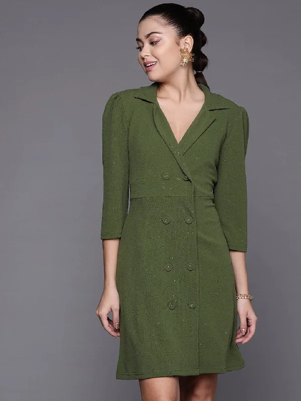 Women's Olive Shimmer Double Breasted Blazer Dress - Lyush New Women's Blazer