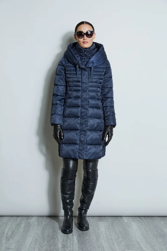 Tahari Double Layer Long Puffer Coat Tailored Straight A-Line