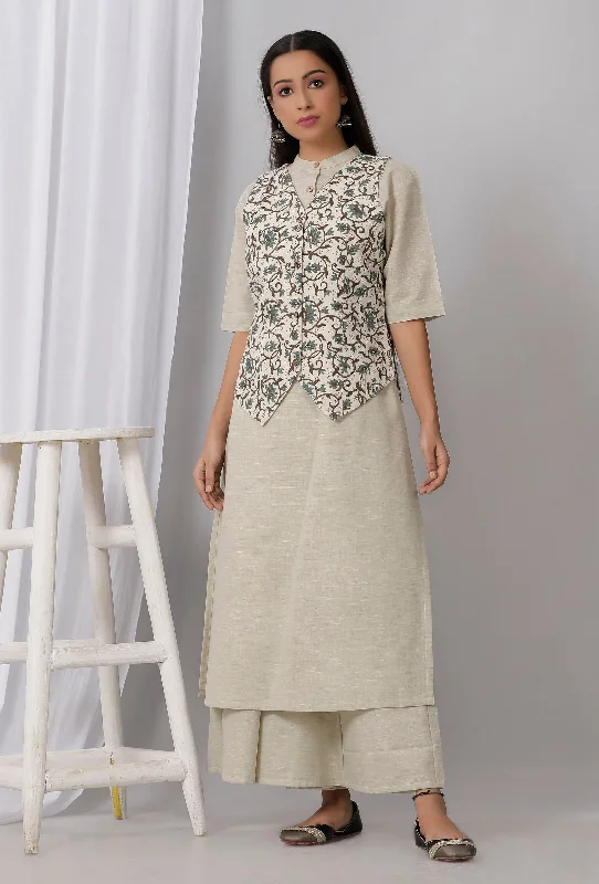 Set of 3 : Green Khadi Blazer with Kurta and Pallazo Women's Trendy Blazer