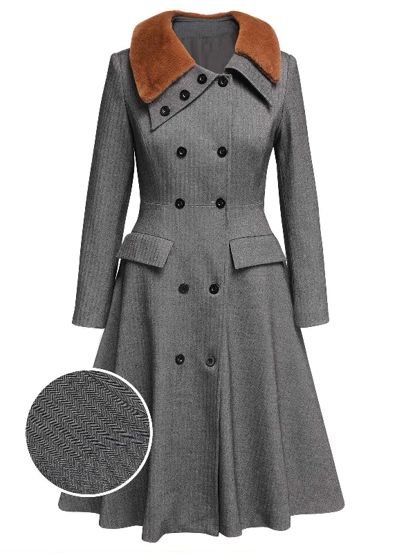 Gray 1930s Faux Fur Lapel Collar Coat Cardigan Sweater Pullover
