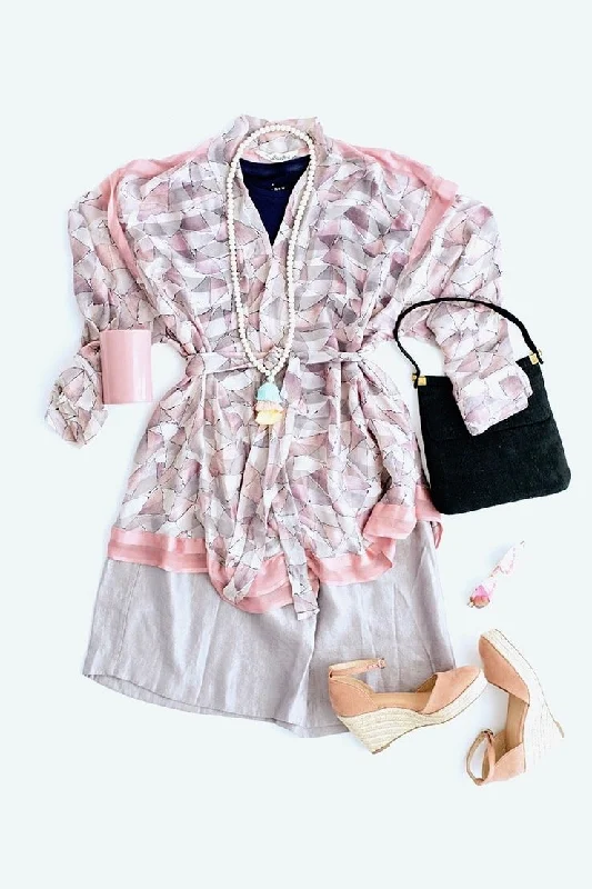 Silk Sari Kimono Cardigan / Pastel Pink & Grey Houndstooth Herringbone Solid
