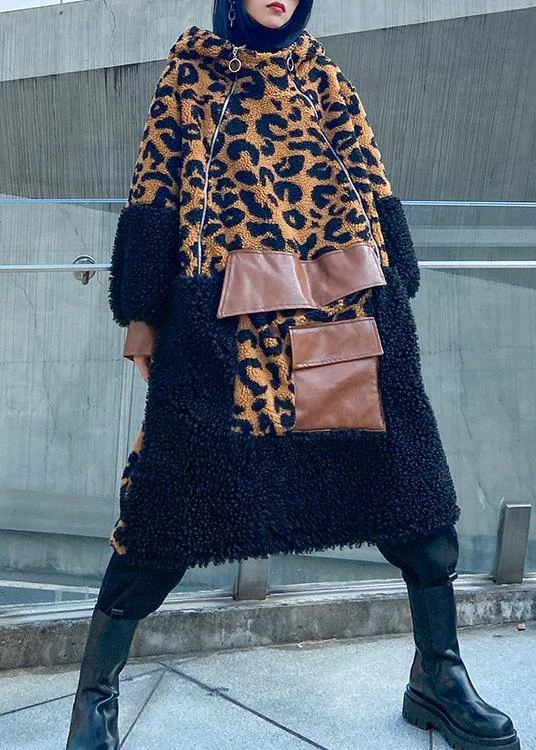 Elegant chocolate Leopard Woolen Coat Women winter coat hooded zippered coat Striped Polka Dot Floral Elegant chocolate Leopard Woolen Coat Women winter coat hooded zippered coat Striped Polka Dot Floral
