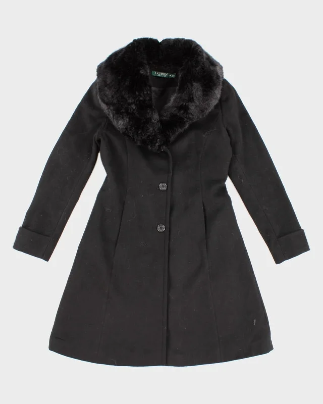 Vintage Ralph Lauren All Black Trim Coat - XS Pleated Ruffled tiered