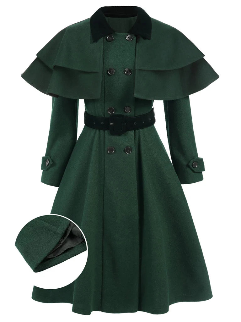Green 1930s Double-Breasted Belted Coat With Cape Hooded Caped Scarf