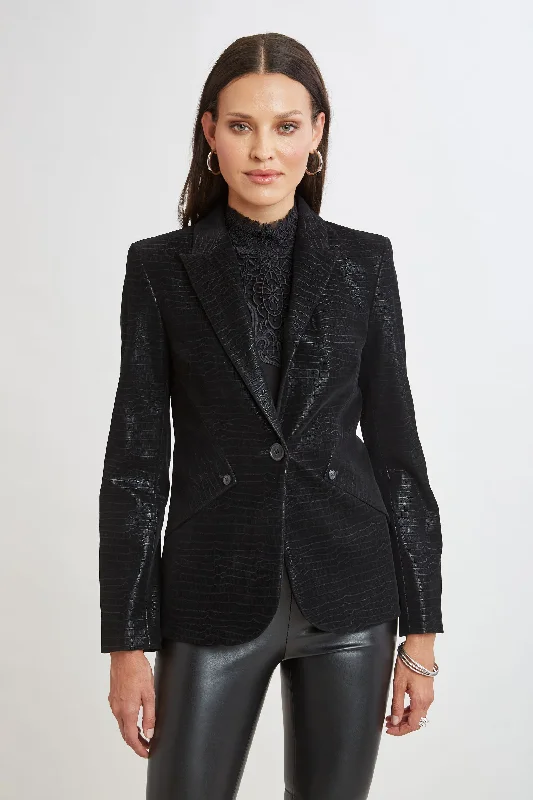 Croco Embossed Vegan Leather Panel Blazer Women's Leather Blazer