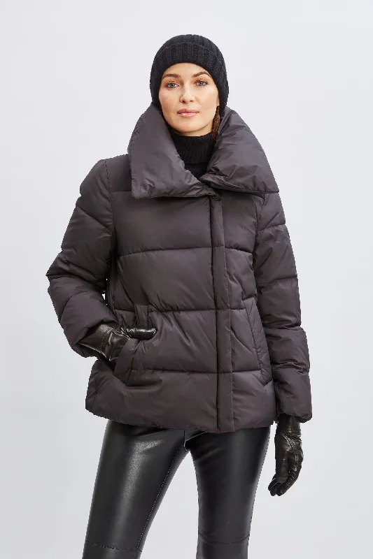 Tahari Asymmetric Short Puffer Coat empire Basque Peplum