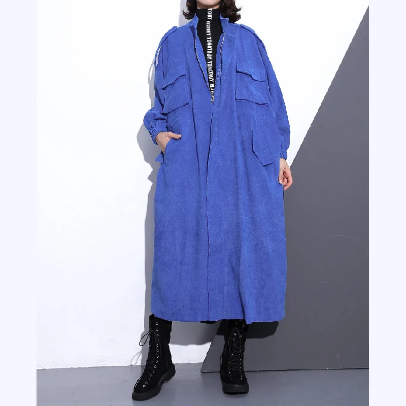 Fine blue long coat plus size Stand zippered trench coat boutique long sleeve pockets baggy long coats Welt Pockets Slit Pockets Flap Pockets Fine blue long coat plus size Stand zippered trench coat boutique long sleeve pockets baggy long coats Welt Pockets Slit Pockets Flap Pockets
