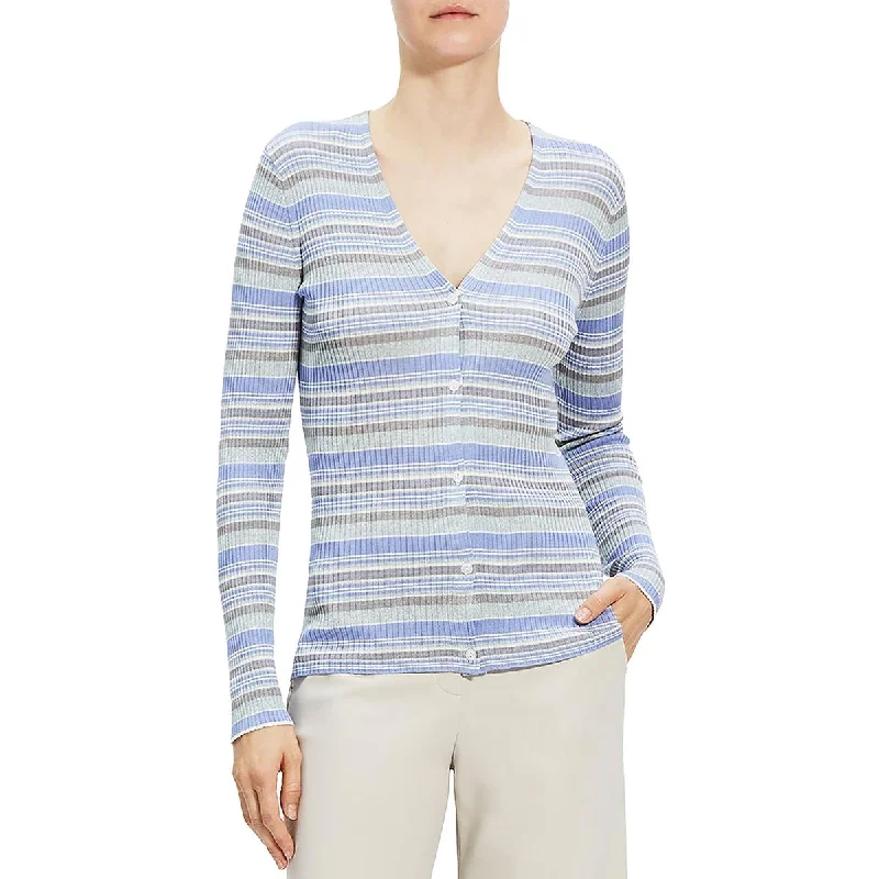 Theory Womens Ribbed Silk Cardigan Sweater Elegant Classic Vintage