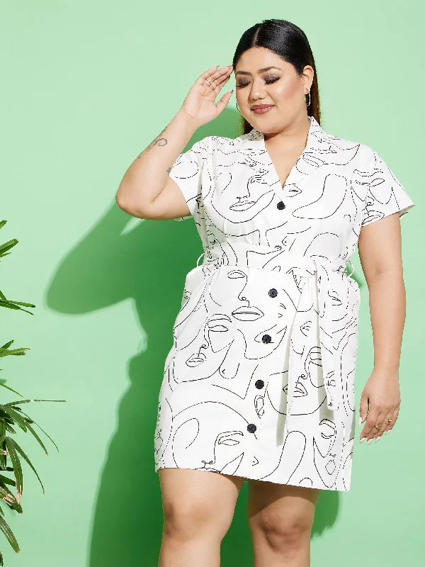Women's White Face Print Twill Belted Blazer Dress - SASSAFRAS Winter Women's Blazer