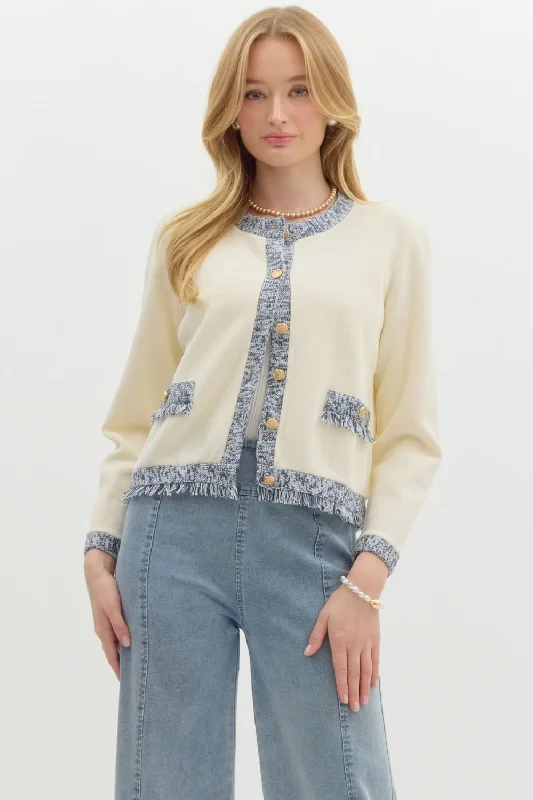 Solid Sweater Cardigan w/ Fringe Finish Front Pockets Side Pockets Patch Pockets
