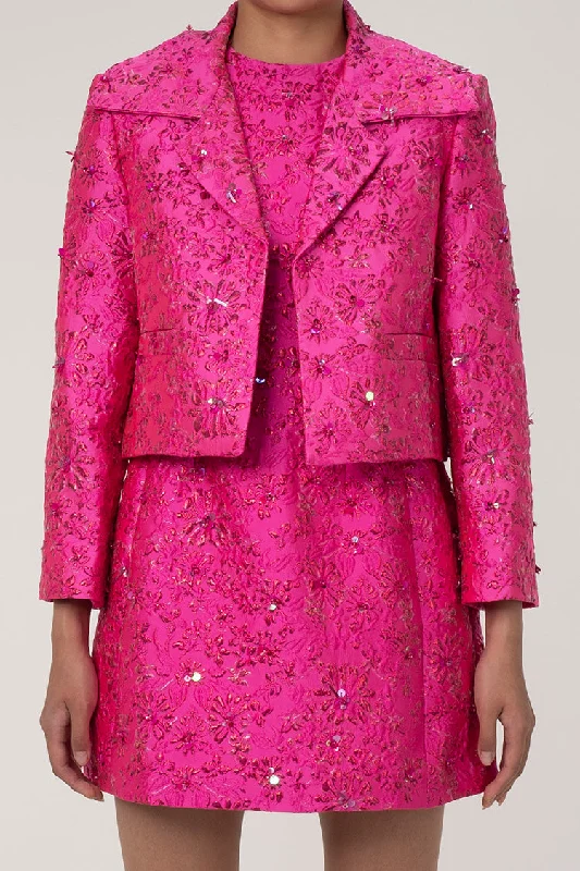 Dazzling Sequin Lurex Jacquard Floral Big Collar 3/4 Sleeve Crop Blazer Women's Custom Jacket