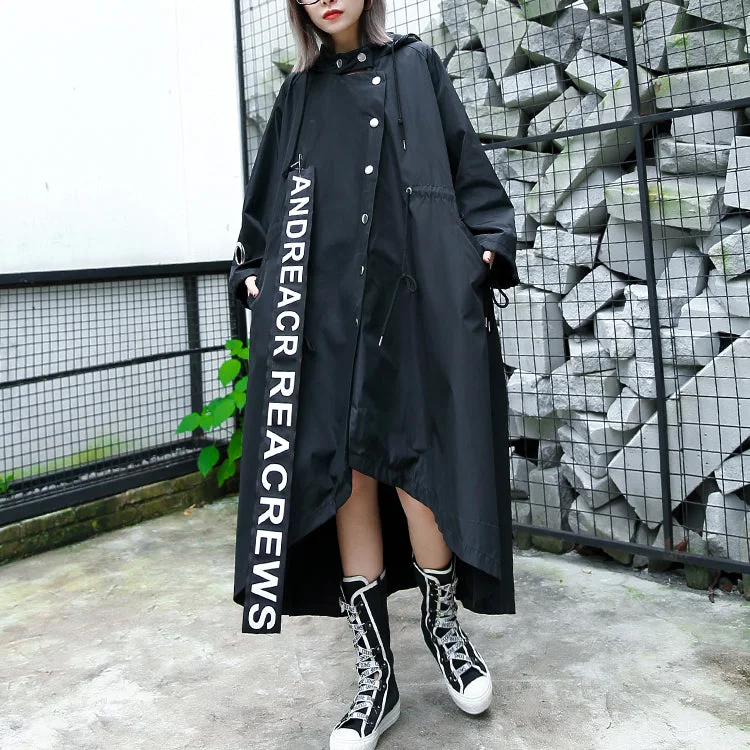women black Coat plus size hooded asymmetric trench coat women tie waist print coats Nylon Polyester Spandex women black Coat plus size hooded asymmetric trench coat women tie waist print coats Nylon Polyester Spandex