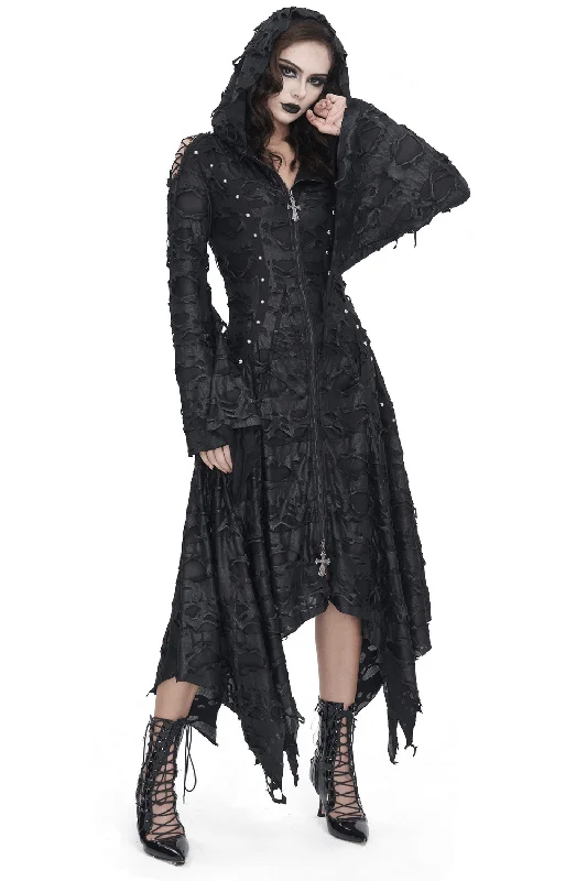 Edgy Black Irregular Distressed Hooded Coat for Women Quilted Jacket Anorak Windbreaker Edgy Black Irregular Distressed Hooded Coat for Women Quilted Jacket Anorak Windbreaker