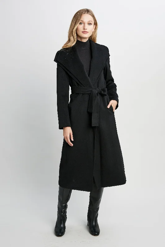 Tahari Long Double Face Wool Blend Wrap Coat Asymmetrical Collar Hooded Zippered
