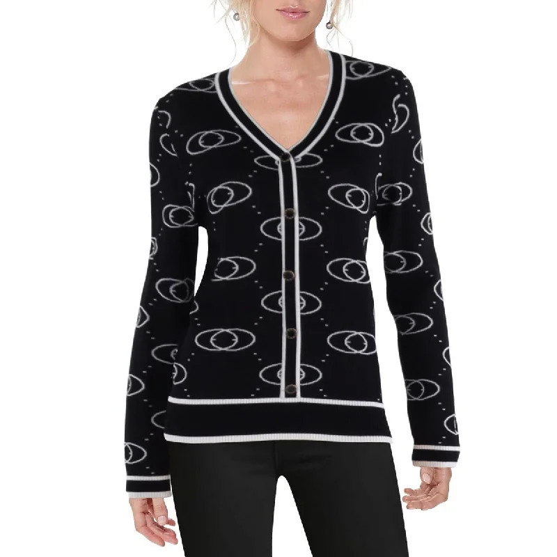 Nancy Yang Womens Printed Button-Down Cardigan Sweater Patchwork Embroidered Appliqued