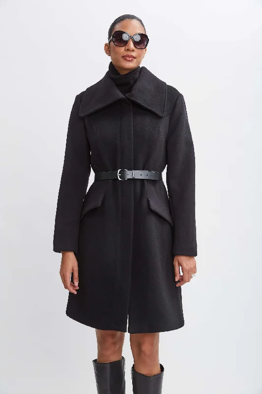 Wool Belted Panel Coat Buttoned Zippered Snapped