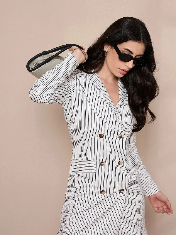 Women White Striped Double Breasted Blazer Dress Women's Business Blazer