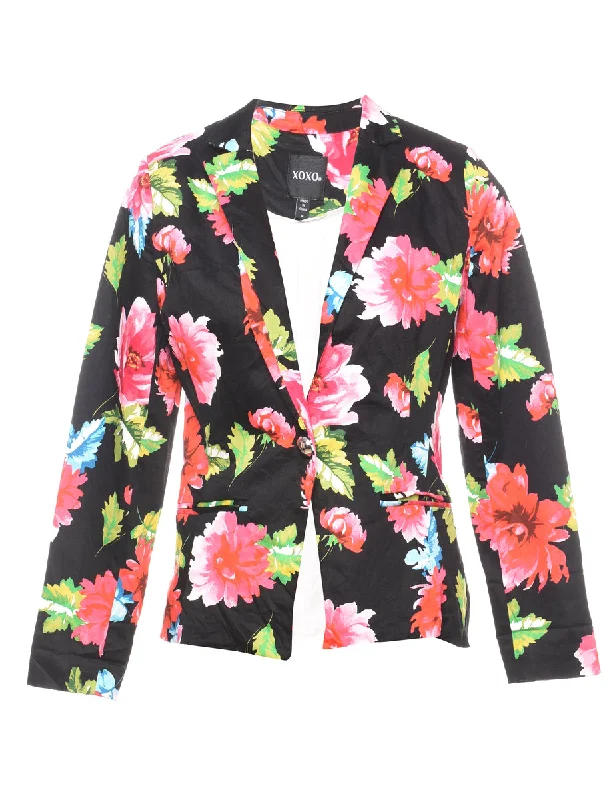 Black Floral Pattern Blazer - M Women's Vintage Suit