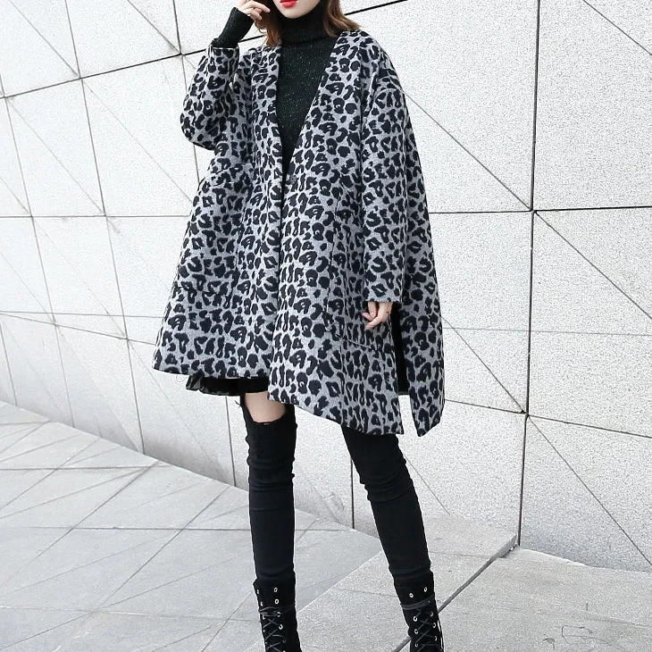 New gray Leopard Coats plus size v neck pockets Winter coat 2025 side open coat Cotton Linen Terry New gray Leopard Coats plus size v neck pockets Winter coat 2025 side open coat Cotton Linen Terry