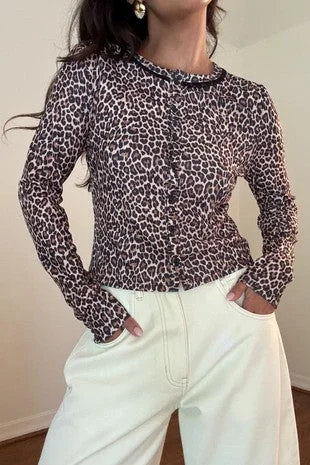 Leopard Print Cardigan Welt Pockets Slit Pockets Flap Pockets