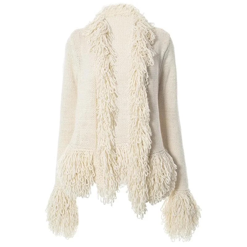 Knitted solid long sleeve tassels coat top Wool Cashmere Tweed