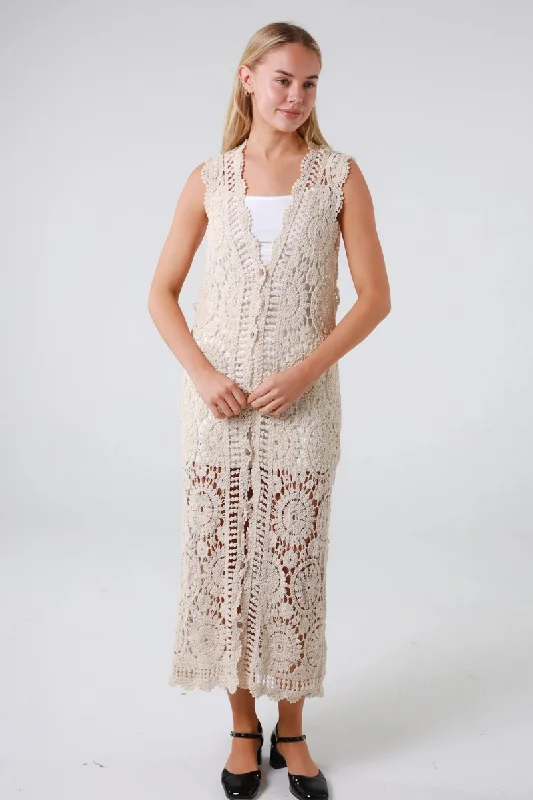 Isabella Boho  Crochet Midi Beach Coat Cover Up Bomber Denim Leather