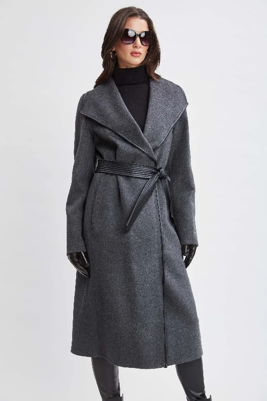 Tahari Double Face Wool Vegan Leather Trim Coat Pockets Sleeves Lining