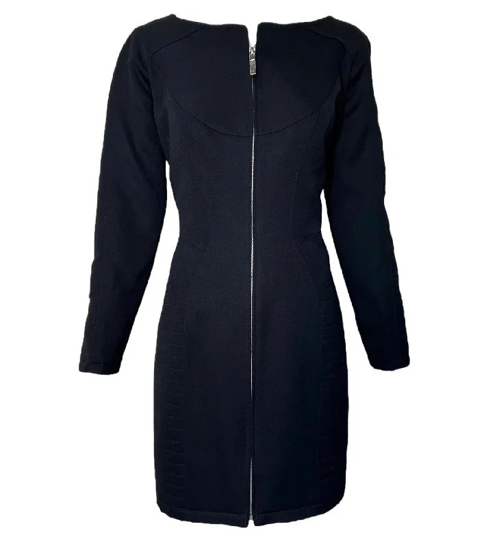 Thierry Mugler Late 80s Black Structured Quilted Long Sleeve Coat Dress Sequined Lace Ribbed