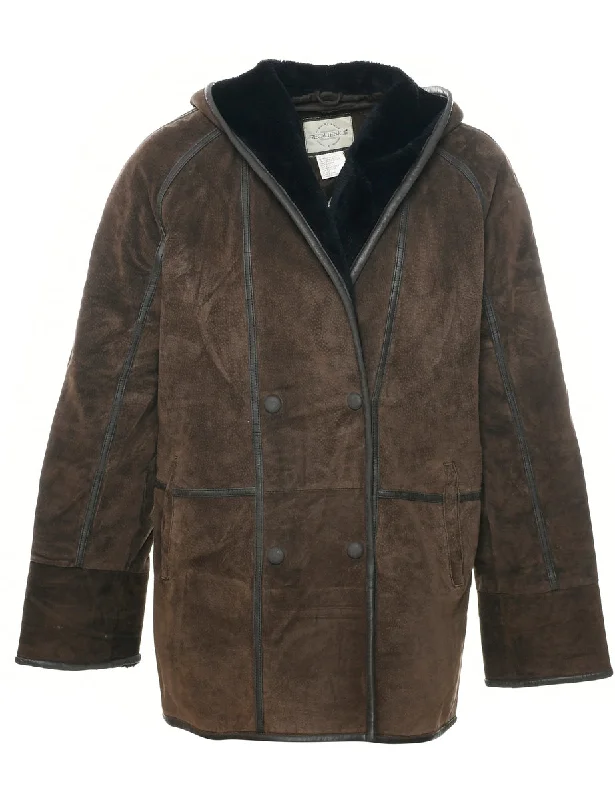 Suede Hooded Coat - M Front Pockets Side Pockets Patch Pockets