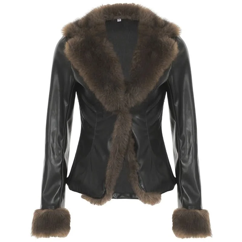 Long sleeve PU leather fluffy button coat top Tailored Straight A-Line