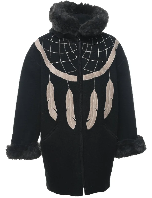 Hooded Dream Catcher Design Faux Fur Trim Wool Coat - XL Blouse Shirt Tunic